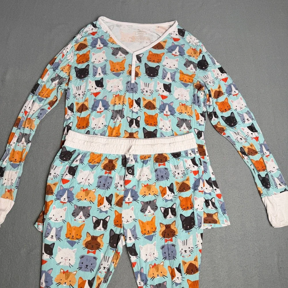 Little Sleepies Cool Cats Bamboo Viscose Pajama Set Womens Medium Blue Henley LS - Picture 1 of 13